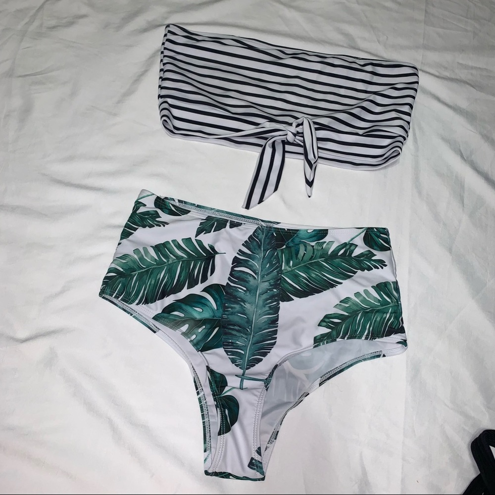 shein bikini tropical print bandeau top high waisted swimsuit